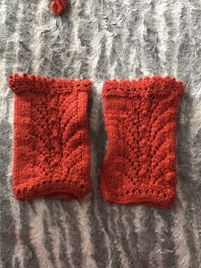 Hand-Knit Lace Wrist Warmers in Rust Orange